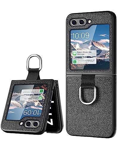 AICase for Samsung Galaxy Z Flip 5 Case Leather, Slim Protective Shockproof Phone Case with Ring for Galaxy Z Flip 5 5G, Black