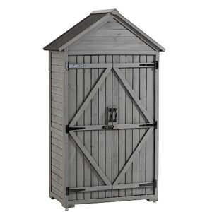 outdoor storage cabinet, wood tool shed with shelves and latch, outside wooden shed for yard, garden, backyard - grey
