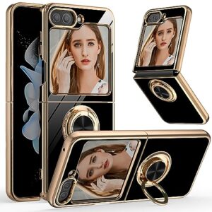 jasmeas for galaxy z flip 5 case for women girl, luxury soft back cover with ring holder plating rose gold edge 360° kickstand slim flexible phone case for samsung galaxy z flip5 (2023), black