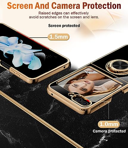 Jasmeas for Galaxy Z Flip 5 Case for Women Girl, Luxury Soft Back Cover with Ring Holder Plating Rose Gold Edge 360° Kickstand Slim Flexible Phone Case for Samsung Galaxy Z Flip5 (2023), Black