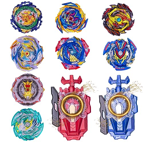 8 Pcs Bey Battling Tops with Battling Sparking String Launcher,2 Way (Left&Right) Sparking String Launcher with Stickers for Spinning Tops,Battling Gyros Game Gift for Boys Children Kids