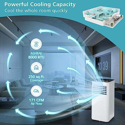 GOFLAME 8000BTU Portable Air Conditioner, AC Cooling Unit with Fan & Dehumidifier, 24H Timer, LED Display, Remote Control, Cool Rooms up to 350 Sq.Ft, Freestanding AC for Living Room (White-8000BTU)