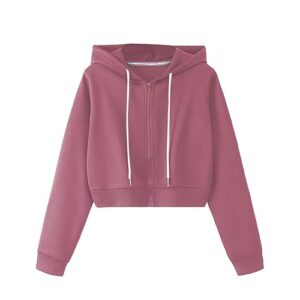 SweatyRocks Women's Long Sleeve Drawstring Full Zip Hooded Jacket Crop Sweatshirt Watermelon Pink M