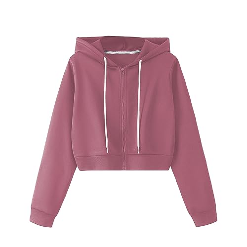 SweatyRocks Women's Long Sleeve Drawstring Full Zip Hooded Jacket Crop Sweatshirt Watermelon Pink M