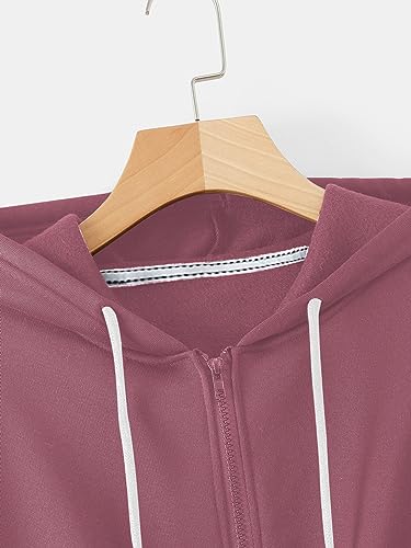 SweatyRocks Women's Long Sleeve Drawstring Full Zip Hooded Jacket Crop Sweatshirt Watermelon Pink M