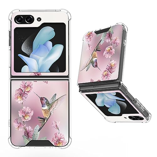 OOK for Samsung Galaxy Z Flip 5 Case,Clear Z Flip 5 Case Cute Pink Flower Floral Pattern Crystal Soft TPU Bumper Hard Back Shockproof Protection Full Body Protection Cover for Galaxy Z Flip 5