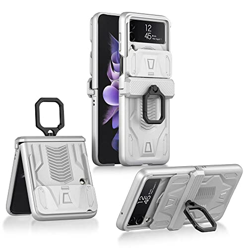 EAXER for Samsung Galaxy Z Flip 4 5G Case, Shockproof Cover with Hinge Protection Rugged All-Inclusive Slide Camera Lens Protection Ring Stand Phone Case Cover (Silver)