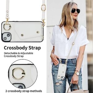 Lipvina for iPhone 13 Case Wallet with Strap for Women,Crossbody Lanyard and Wristlet Strap,Zipper Pocket,Credit Card Holder,Ring Stand,RFID Blocking Phone Wallet Cases(6.1 inch,White)