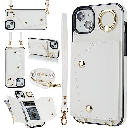 Lipvina for iPhone 13 Case Wallet with Strap for Women,Crossbody Lanyard and Wristlet Strap,Zipper Pocket,Credit Card Holder,Ring Stand,RFID Blocking Phone Wallet Cases(6.1 inch,White)