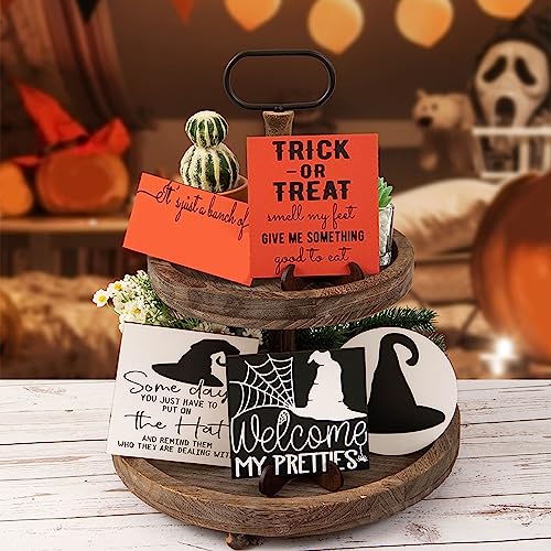 Halloween Tier Tray Decor Halloween Rustic Wooden Mini Sign Tiered Tray Decorations Farmhouse, Halloween Wood Sign Rustic Farmhouse Decor for Halloween Bathroom Bedroom Shelf Mantle Decoration