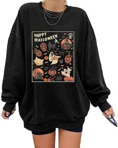uniqueone womens' oversized halloween sweatshirt vintage halloween doodles sweatshirts hocus pocus long sleeve crewneck tops black