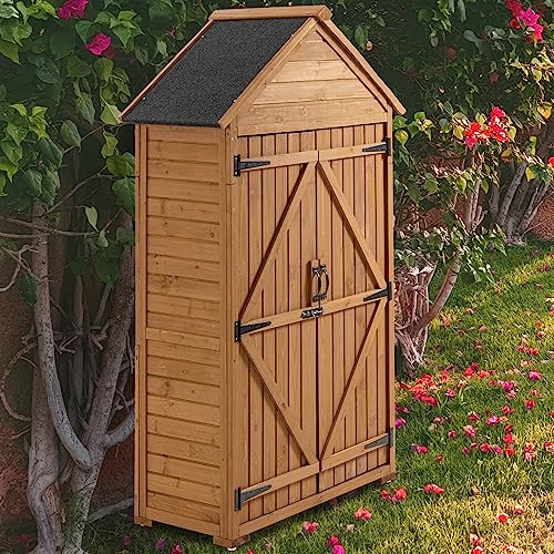 39.56" L x 22.04" W x 68.89" H Outdoor Storage Cabinet Garden Wood Tool Shed Outside Wooden Closet with Shelves and Latch, Brown