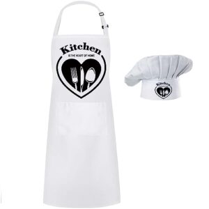hyzrz chef apron hat set,kitchen is the heart of home,chef hat and apron adjustable baker costume with pocket dad apron for kitchen grill bbq men and women father's gift (white)