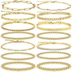 wainis 14pcs gold chain bracelets set for women 14k gold plated dainty link paperclip bracelets stake adjustable layered metal link beaded bracelet fashion jewelry