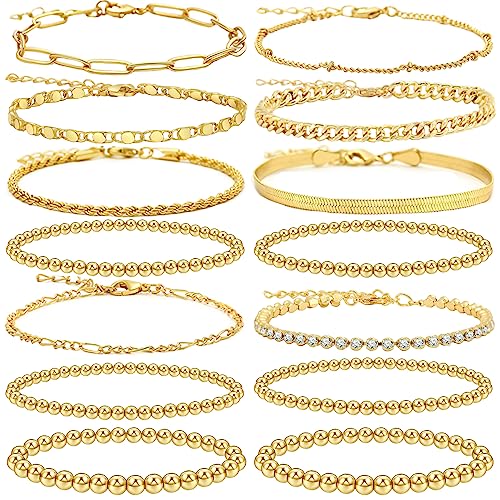 WAINIS 14PCS Gold Chain Bracelets Set for Women 14K Gold Plated Dainty Link Paperclip Bracelets Stake Adjustable Layered Metal Link Beaded Bracelet Fashion Jewelry