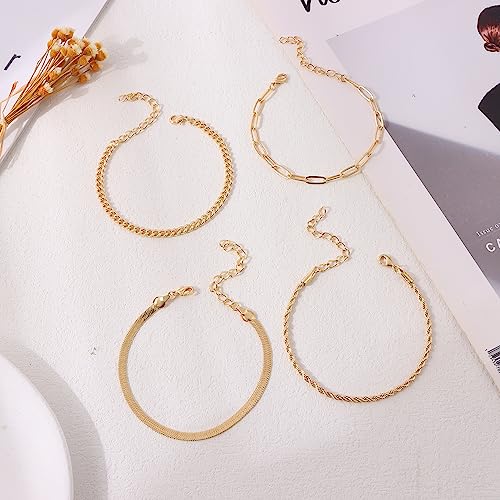 WAINIS 14PCS Gold Chain Bracelets Set for Women 14K Gold Plated Dainty Link Paperclip Bracelets Stake Adjustable Layered Metal Link Beaded Bracelet Fashion Jewelry