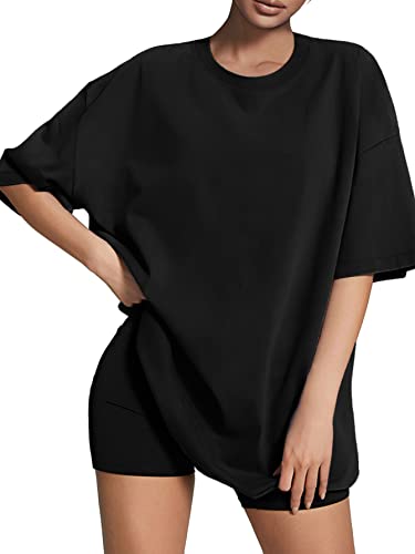 ATHMILE Womens Oversized T Shirts Loose Fit Crewneck Short Sleeve Tops Summer Casual Blouse Y2K Basic Tee 2023 Black