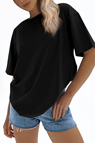 ATHMILE Womens Oversized T Shirts Loose Fit Crewneck Short Sleeve Tops Summer Casual Blouse Y2K Basic Tee 2023 Black