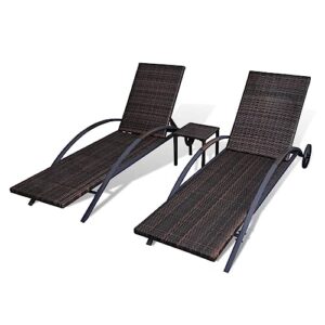 PSFANMZX Sun Loungers with Table,Outdoor Table,Patio Furniture,Backrest Adjustable,Outdoor Lounge Chairs,Cushion Cover Washable,with Two Wheels,for Garden,Lawn,Backyard, Poly Rattan Brown