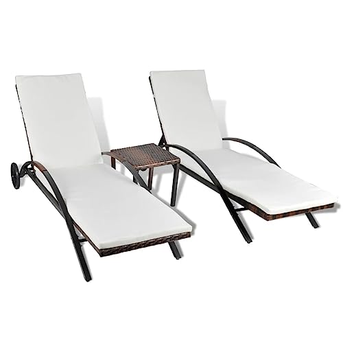 PSFANMZX Sun Loungers with Table,Outdoor Table,Patio Furniture,Backrest Adjustable,Outdoor Lounge Chairs,Cushion Cover Washable,with Two Wheels,for Garden,Lawn,Backyard, Poly Rattan Brown