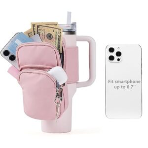 suitmat large water bottle pouch for stanley quencher cup tumbler, double layer water resistant bag for iphone 14 pro max, ipod air, credit cards, key, pink (bag only)