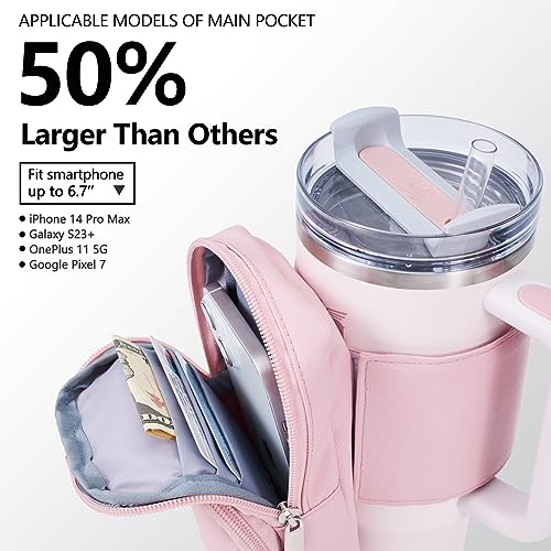 SUITMAT Large Water Bottle Pouch for Stanley Quencher Cup Tumbler, Double Layer Water Resistant Bag for iPhone 14 Pro Max, iPod Air, Credit Cards, Key, Pink (Bag Only)