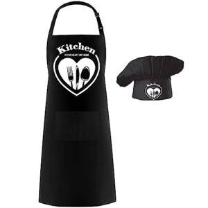 hyzrz chef apron hat set,kitchen is the heart of home,chef hat and apron adjustable baker costume with pocket dad apron for kitchen grill bbq men and women father's gift (black)