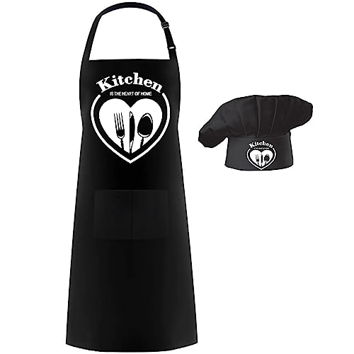 Hyzrz Chef Apron Hat Set,Kitchen Is The Heart of Home,Chef Hat and Apron Adjustable Baker Costume with Pocket Dad Apron for Kitchen Grill BBQ Men and Women Father's Gift (Black)