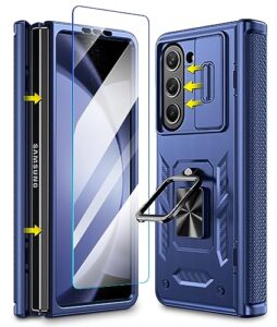 caka case designed for galaxy z fold 5 case with screen protector, 360°ring magnetic kickstand & camera cover & hinge protector for samsung galaxy z fold 5 phone - navy blue