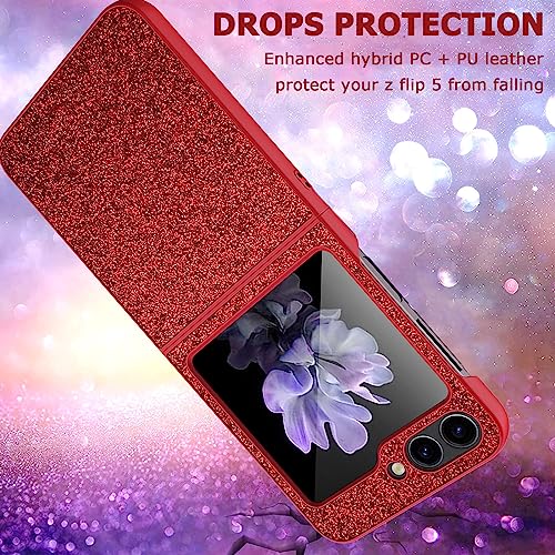 NINKI Compatible Samsung Galaxy Z Flip 5 5G Case with Screen Protector,Luxury Glitter Shiny Rhinestone Diamond Z Flip 5 Cover,Bling Samsung Flip 5 Case Sparkle Phone Case for Samsung Z Flip 5 Case Red