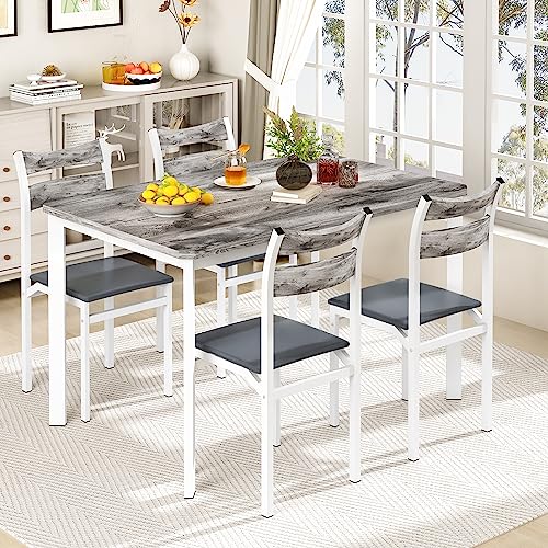 DKLGG Dining Table Set for 4, 43.3" Dining Room Table with 4 Upholstered PU Leather Chairs, Modern Wood Kitchen Table and Chairs Set, 5-Piece Dinette Set for Breakfast Nook, Small Places, Grey