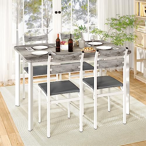 DKLGG Dining Table Set for 4, 43.3" Dining Room Table with 4 Upholstered PU Leather Chairs, Modern Wood Kitchen Table and Chairs Set, 5-Piece Dinette Set for Breakfast Nook, Small Places, Grey