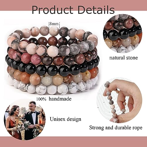 SROBENZ 5PCS Semi-Precious Gemstone Bracelets | Healing Crystal Stone Beaded Bracelets for Women Men 8mm Round Beaded Stretch Bracelets Unisex Stress Relief Yoga Bracelets Gifts(A)