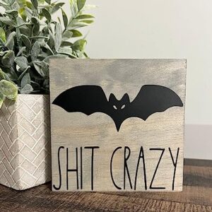 Bat Poop Crazy Layered Tray Sign, Rustic Decor, Spooky Halloween Sign, Zombie, Halloween Town, Fun Fall Sign Farmhouse Mini Bathroom Sign Decoration Fun Wooden Bookshelf 10"