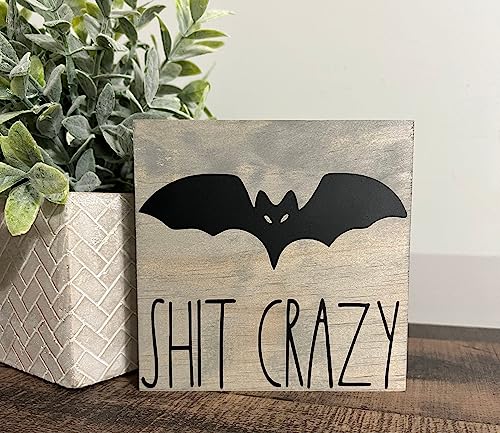 Bat Poop Crazy Layered Tray Sign, Rustic Decor, Spooky Halloween Sign, Zombie, Halloween Town, Fun Fall Sign Farmhouse Mini Bathroom Sign Decoration Fun Wooden Bookshelf 10"