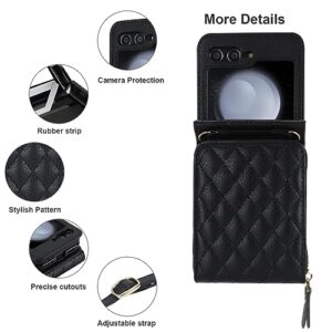 KIHUWEY for Samsung Galaxy Z Flip 5 Wallet Case, Crossbody Zipper Purse with Credit Card Slot Holder RFID Blocking PU Leather Adjustable Lanyard Detachable Strap Wrist for Women (Black)