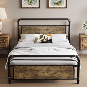 gaomon bed frame king with vintage wood headboard and footboard, rustic platform king size bed frame strong metal slats support - no box spring required, king