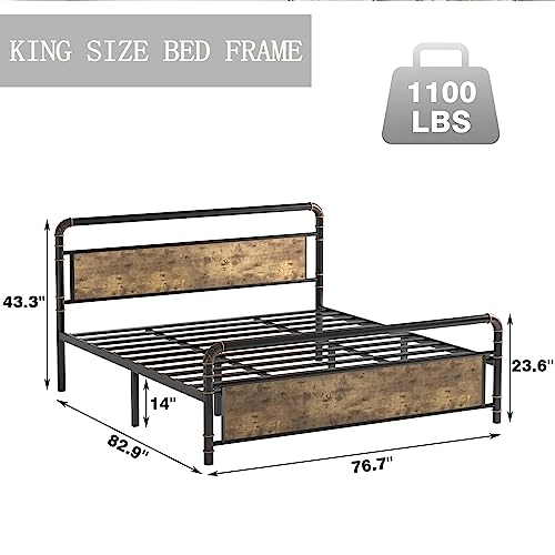 GAOMON Bed Frame King with Vintage Wood Headboard and Footboard, Rustic Platform King Size Bed Frame Strong Metal Slats Support - No Box Spring Required, King