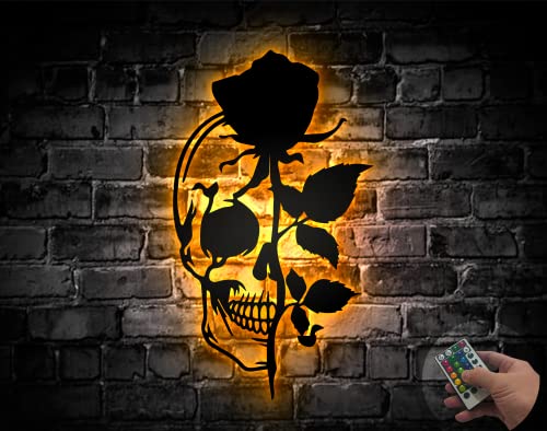 Skull With Rose Metal Wall Art With LED Lights, Flower Skull Signs, Sugar Skull, Skeleton Decor, Halloween Gothic Decor, Skull Roses Decor