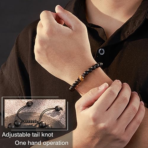 Bracelets for Men, Natural Tiger Eye Black Onyx Stone Protection Bracelets, Healing Mens Beaded Bracelet Gifts for Men Dad Boyfriend Husband Son Brother Grandpa Father