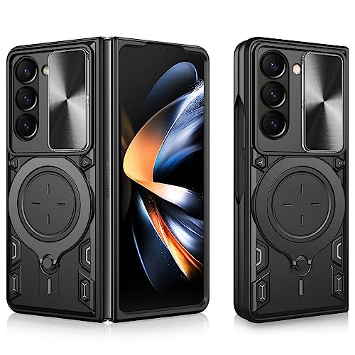 Haeuorey Compatible with Samsung Galaxy Z Fold 5 Case [Heavy Duty Protective] [360°Ring Magnetic Kickstand] [Slide Camera Lens Cover] Protective Armor Case for Samsung Galaxy Z Fold 5 (Black)