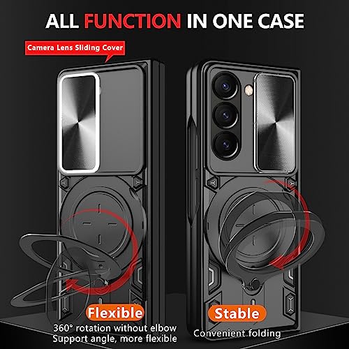 Haeuorey Compatible with Samsung Galaxy Z Fold 5 Case [Heavy Duty Protective] [360°Ring Magnetic Kickstand] [Slide Camera Lens Cover] Protective Armor Case for Samsung Galaxy Z Fold 5 (Black)