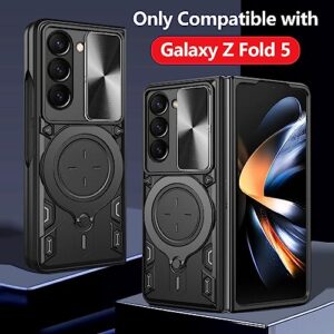 Haeuorey Compatible with Samsung Galaxy Z Fold 5 Case [Heavy Duty Protective] [360°Ring Magnetic Kickstand] [Slide Camera Lens Cover] Protective Armor Case for Samsung Galaxy Z Fold 5 (Black)