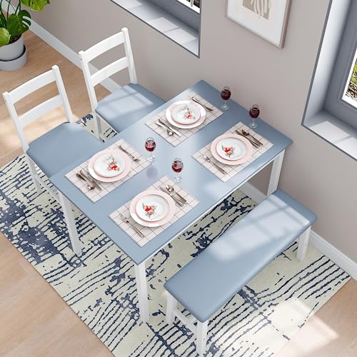 Dining Table Set for 4, 4 Piece Kitchen Table with Chairs and Bench, Wood Rectangular Dining Table Set with 2 PU Leather Chair and Bench for Small Spaces, Apartment, Breakfast, Living Room (Blue)