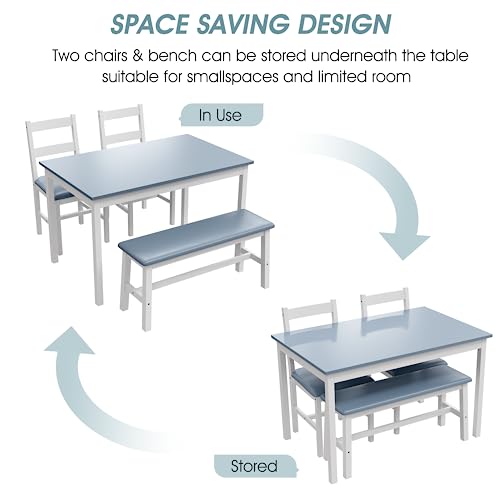 Dining Table Set for 4, 4 Piece Kitchen Table with Chairs and Bench, Wood Rectangular Dining Table Set with 2 PU Leather Chair and Bench for Small Spaces, Apartment, Breakfast, Living Room (Blue)