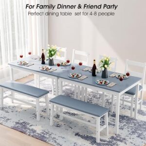 Dining Table Set for 4, 4 Piece Kitchen Table with Chairs and Bench, Wood Rectangular Dining Table Set with 2 PU Leather Chair and Bench for Small Spaces, Apartment, Breakfast, Living Room (Blue)