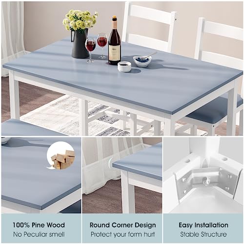 Dining Table Set for 4, 4 Piece Kitchen Table with Chairs and Bench, Wood Rectangular Dining Table Set with 2 PU Leather Chair and Bench for Small Spaces, Apartment, Breakfast, Living Room (Blue)