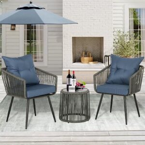 BPTD 3 Piece Outdoor Bistro Set Patio Set Balcony Furniture Outdoor Furniture Rattan Chair Conversation Sets with Side Table for Porch, Backyard, Balcony (DGRY-Navy)