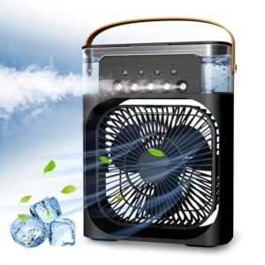 portable air conditioners fan, ultra quiet personal small cooling misting fan with 3-speeds, 5 mist holes, timer, 7 colors lights, usb table air cooler fan for makeup, home, office, travel (black)