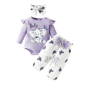 infant baby girl fall winter outfit long sleeve cute elephant romper tops butterfly floral long pants headband set (purple,0-3 months)